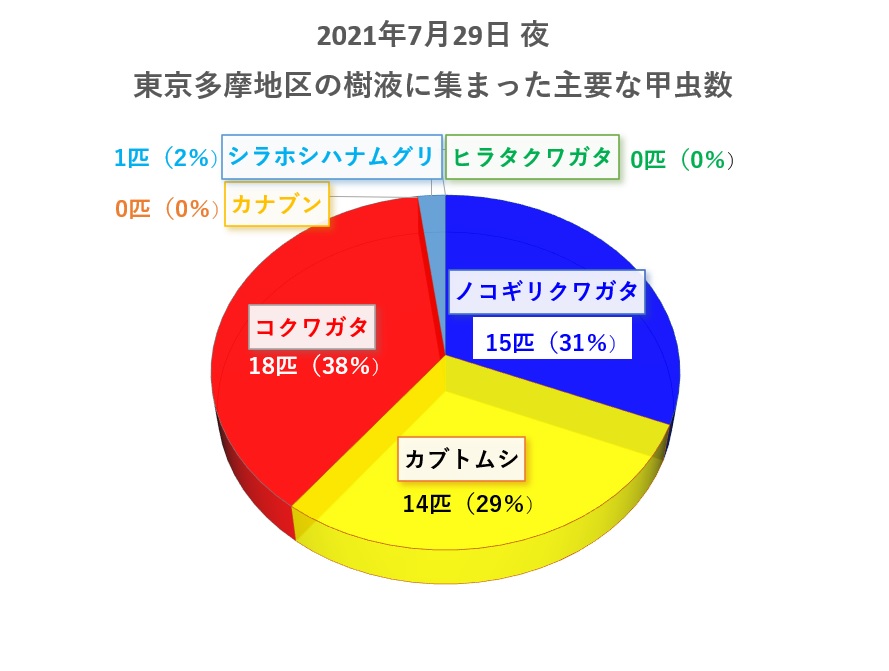 2021年7月29日夜 東京（多摩地域）のクヌギやヤナギ等の樹液で見られたクワガタムシやカブトムシの数_210730by昆虫バカセ